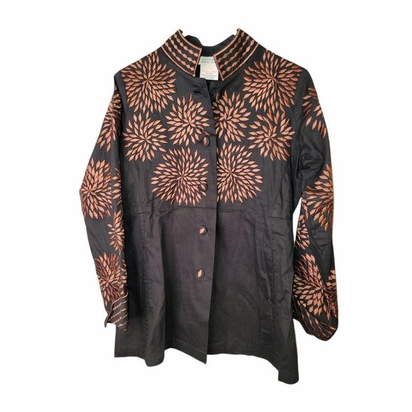 Gretchen Scott Designs Size Small Women's Jacket Black Tan Embroidered Button Up